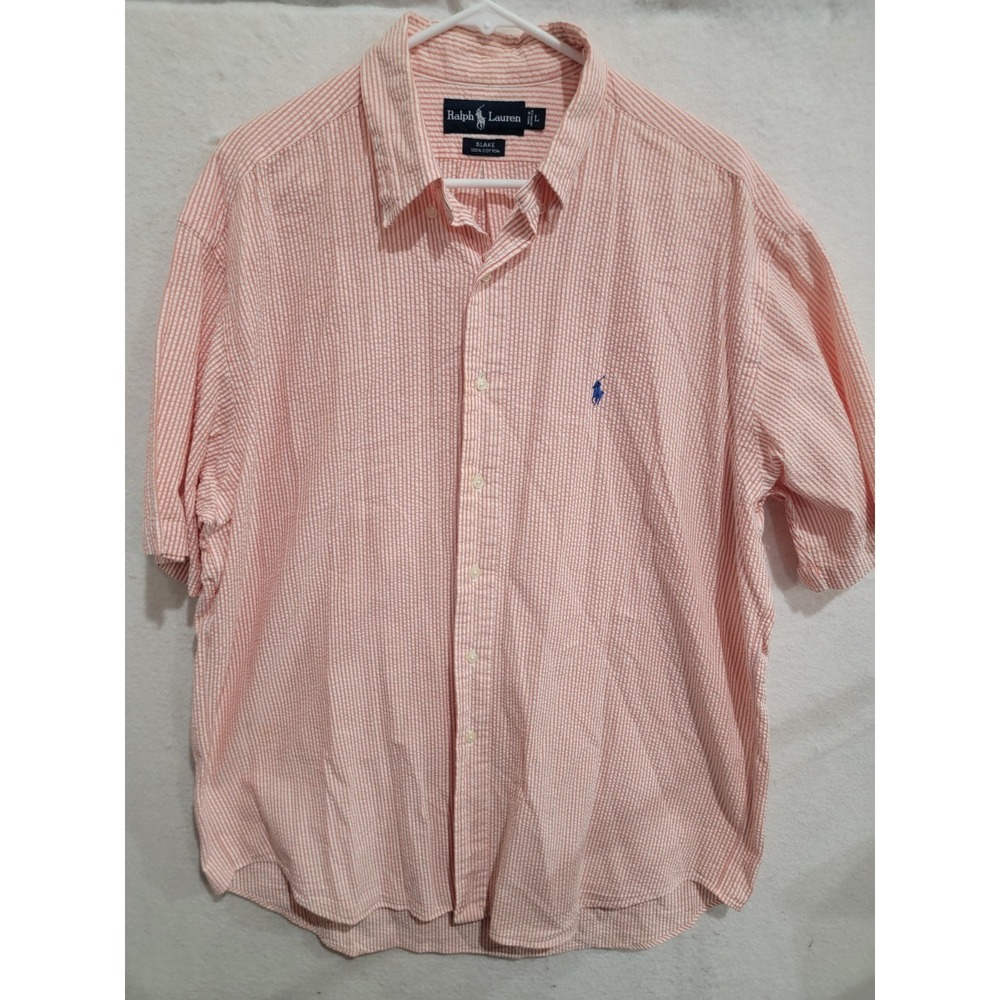Vintage Ralph Lauren Mens Large Shirt Blake Seersucker Orange White Stripe SS